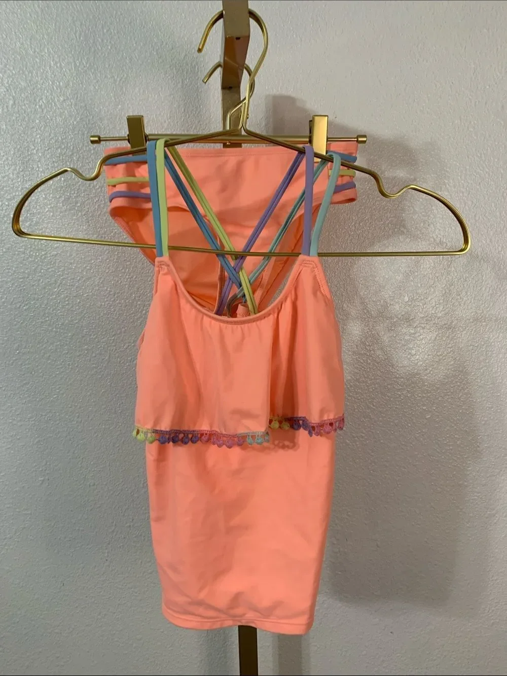 Coral Pink Girls' Two-Piece Swim Set with Rainbow Trim- girls 8